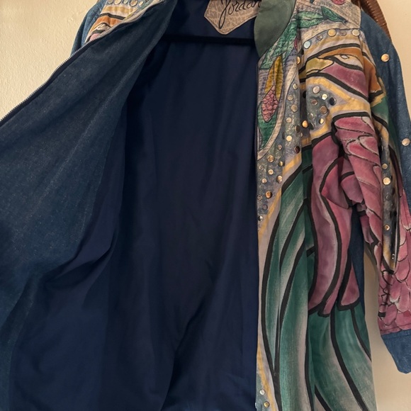 Vintage 90s 80s hand painted leather tassel denim jacket. Size L - Picture 4 of 11